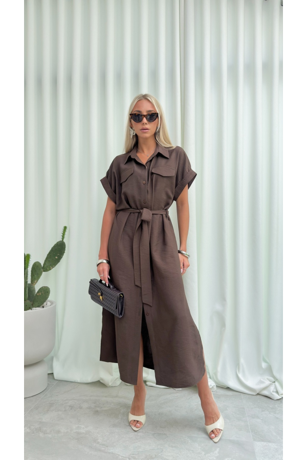Sukienka Koszulowa Maxi Premium Wiązana w Pasie Elegancka Oversize Guziki Kieszenie - brąz